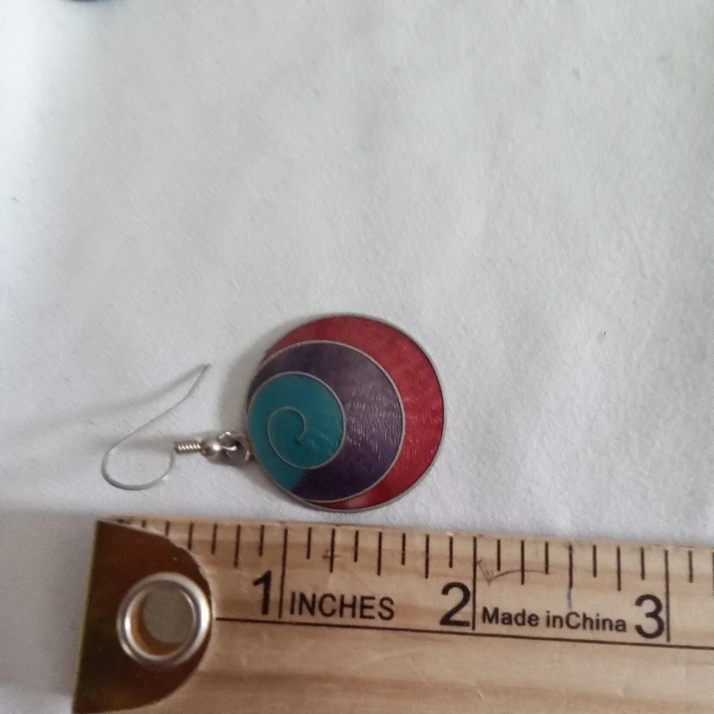 Vintage Enamel Swirl Drop Earrings Red Purple Turquoise Silver Tone Boho Round